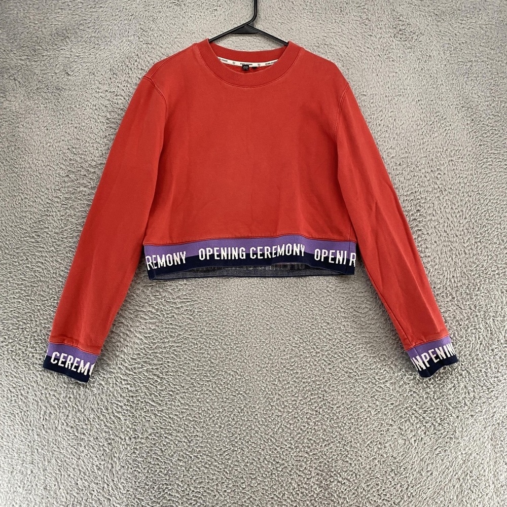 Opening Ceremony Sweatshirt Womens Large Red Crewneck Logo Elastic Cropped Fleec